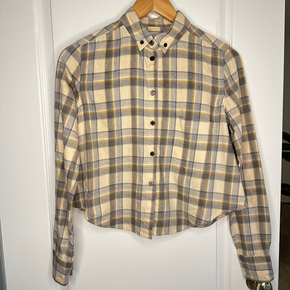 Rachel Comey Cream Gray Plaid Cropped Button-Up Women's Shirt Size 2 XS